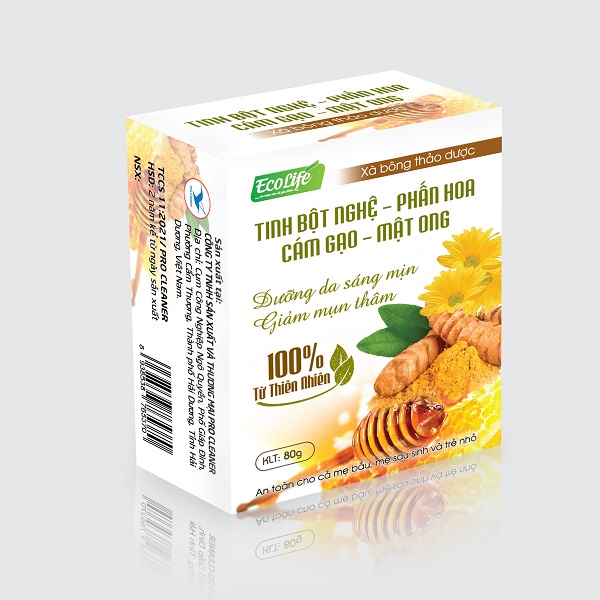 XÀ BÔNG TẮM THẢO DƯỢC 100%: TINH BỘT NGHỆ- PHẤN HOA- CÁM GẠO- MẬT ONG _ ECOLIFE _80G tặng kèm túi lưới tạo bọt