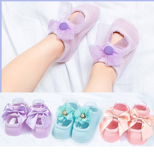 Tất nơ công chúa cho bé gái 0M+, bao chân bé gái hình đôi giày chất liệu co giãn - Monnie Kids