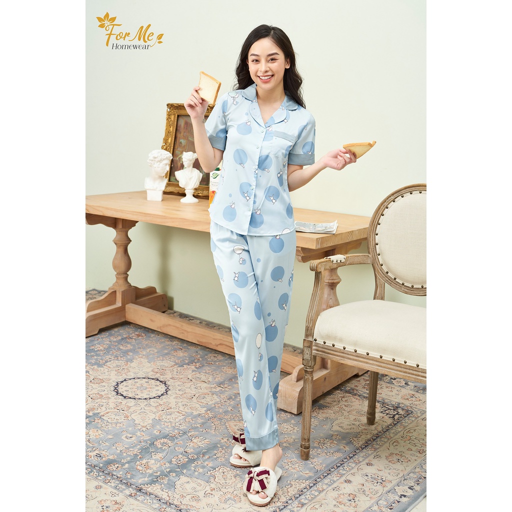Bộ đồ ngủ, mặc nhà lụa giấy luxury ngắn tay quần dài thỏ bóng bay Xanh 10 , forme pijama