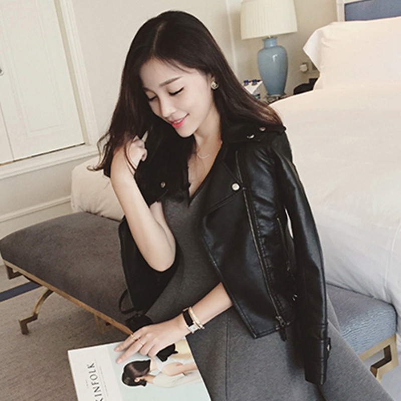 [free gift] Áo Khoác Da Pu Dáng Ngắn Phối Khóa Kéo Kiểu Hàn Quốc Thời Trang Thu Đông Cho Nữ
