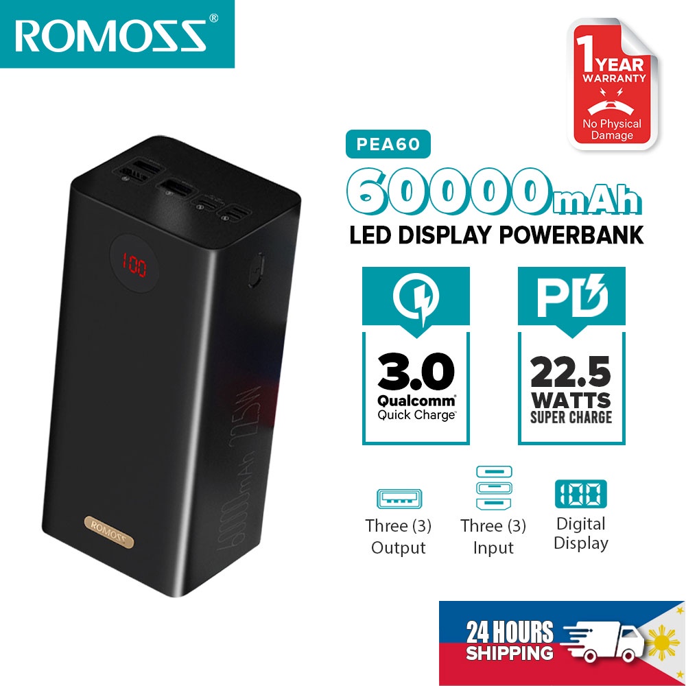 Sạc dự phòng ROMOSS PEA60 Type-C 60000mAh PD 22.5W sạc nhanh hai chiều QC 3.0