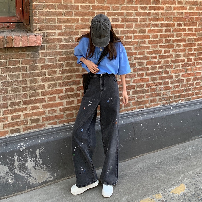 Quần Jeans Dài Lưng Cao Ống Rộng Màu Nhuộm Phong Cách Hàn Quốc Thời Trang Cho Nữ
