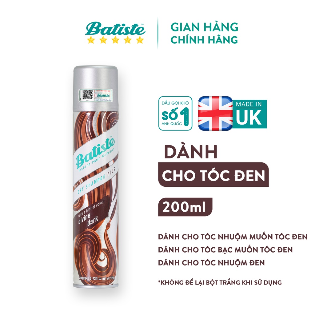 Dầu Gội Khô Batiste Cho Tóc Đen - Batiste Dry Shampoo Plus With A Hint Of Colour Divine Dark 200ml