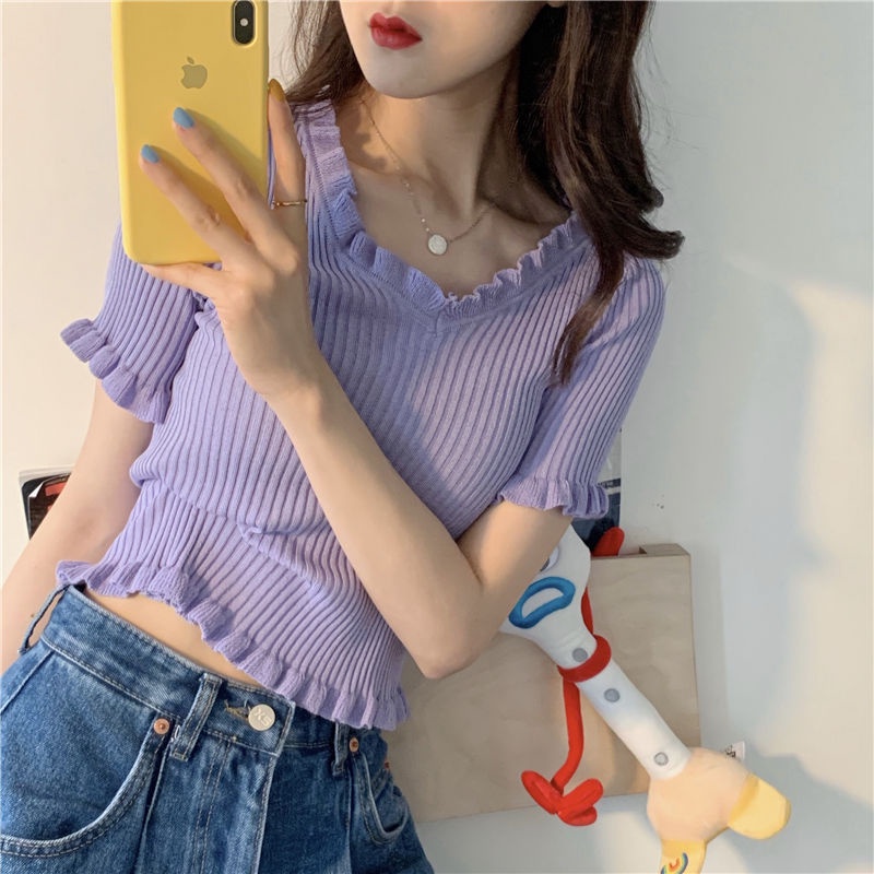 AMOI Áo Thun Nữ Ngắn Tay Cổ Chữ V Chấm Bi Thời Trang