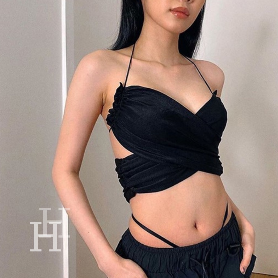 Áo Croptop nhung hở lưng quấn dây cúp ngực màu đen HAC64 - Hỉn Hỉn Store