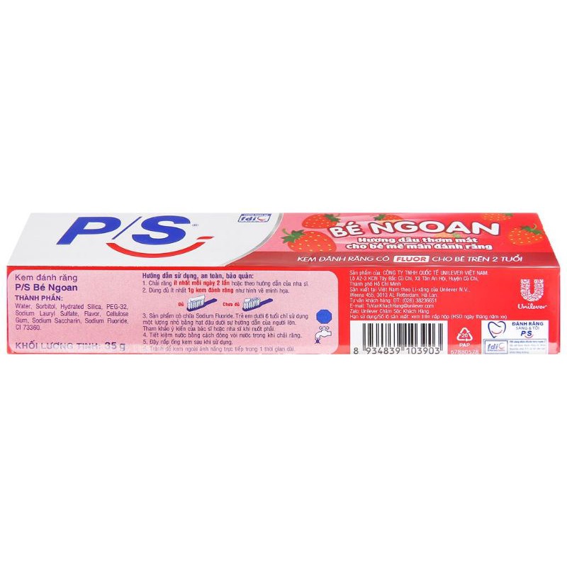KEM ĐÁNH RĂNG CHO TRẺ EM TRÊN 2 TUỔI P/S BÉ NGOAN HƯƠNG DÂU TUÝP 35G