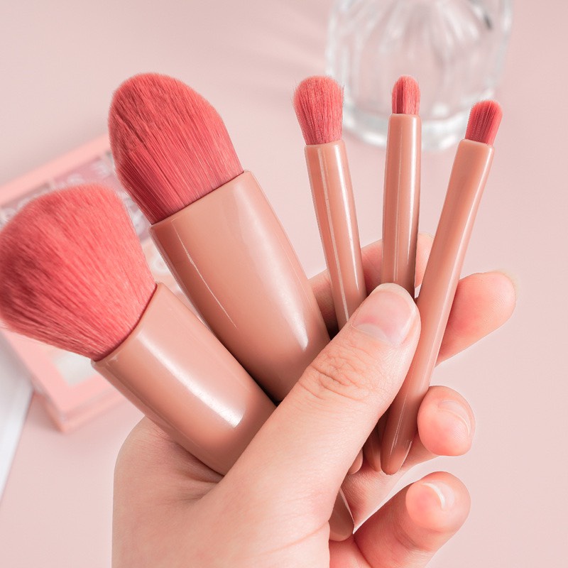Bộ Cọ Trang Điểm Cá Nhân 5 Món Kèm Hộp Gương Màu Hồng Vintage Siêu Xinh
