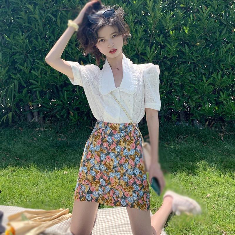 Chân Váy Lưng Cao Hoạ Tiết Hoa Phong Cách Retro