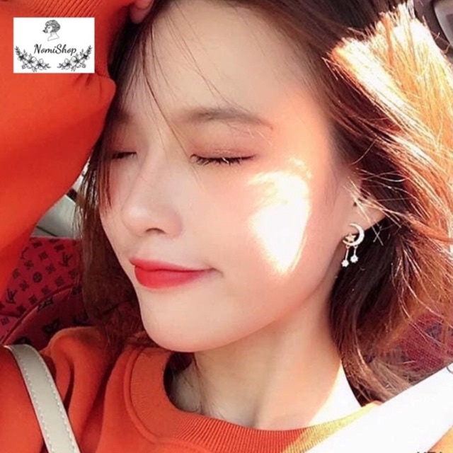 Bông tai nữ Bạc ta, Trăng sao lấp lánh dễ thương. Thu hút ánh nhìn Mainomi Shop Bạc Xinh