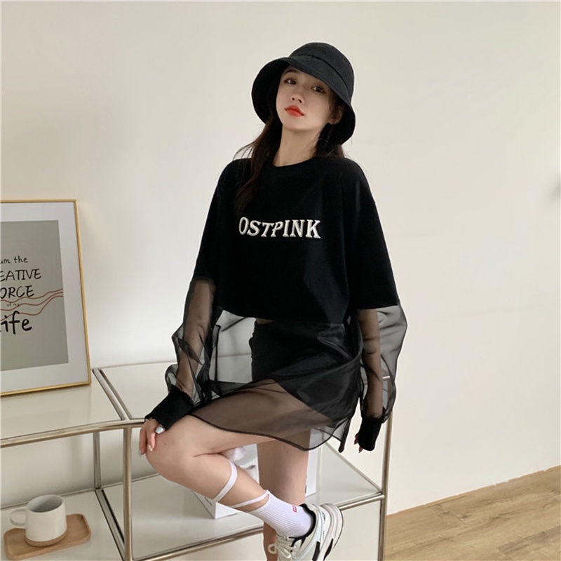 Áo tay dài dáng rộng cổ polo phối lưới phong cách thời trang Hàn Quốc