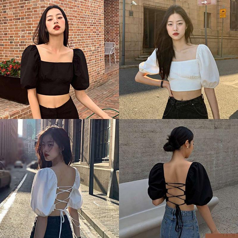 Áo crop top chiffon tay ngắn cổ vuông màu trơn phong cách Hàn Quốc thời trang cho