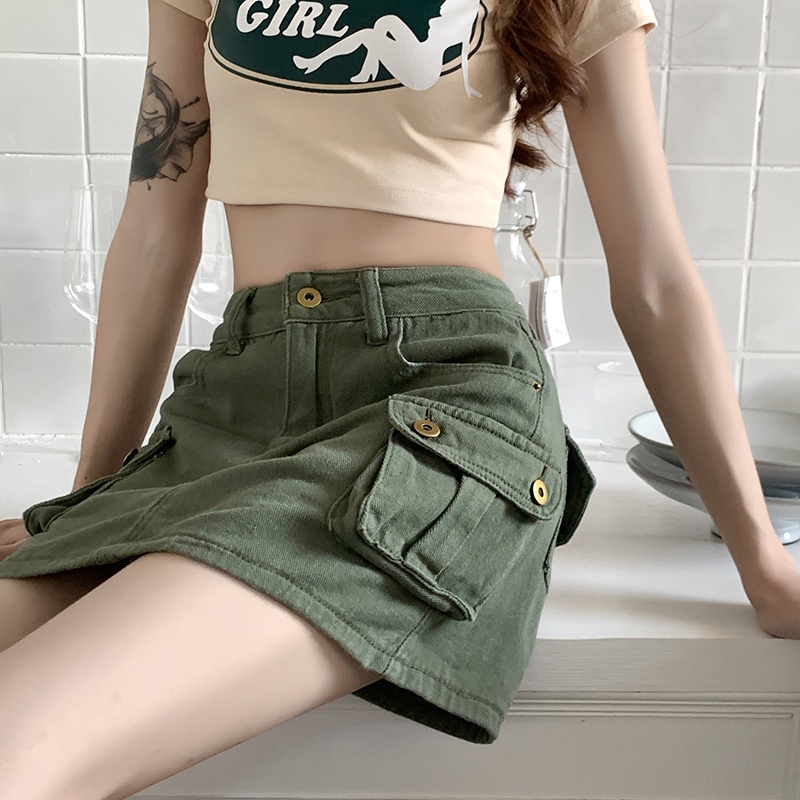 Chân Váy Jean Ngắn Lưng Cao Phong Cách retro Cho Nữ