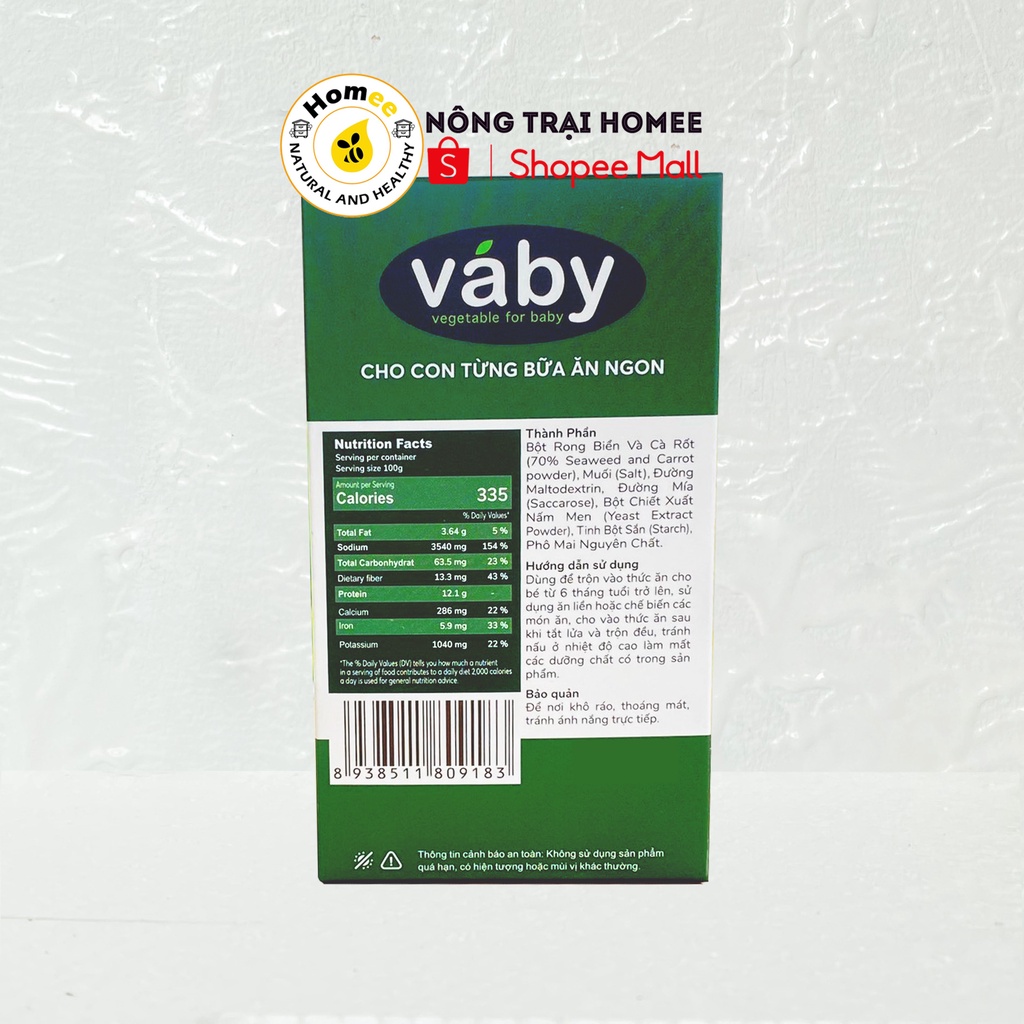 Bột nêm Rong Biển &amp; Phô Mai dành cho bé ăn dặm VABY hủ 48g (6 x gói 8g) - Gia vị nêm và rắc dành cho bé từ 6 tháng tuổi