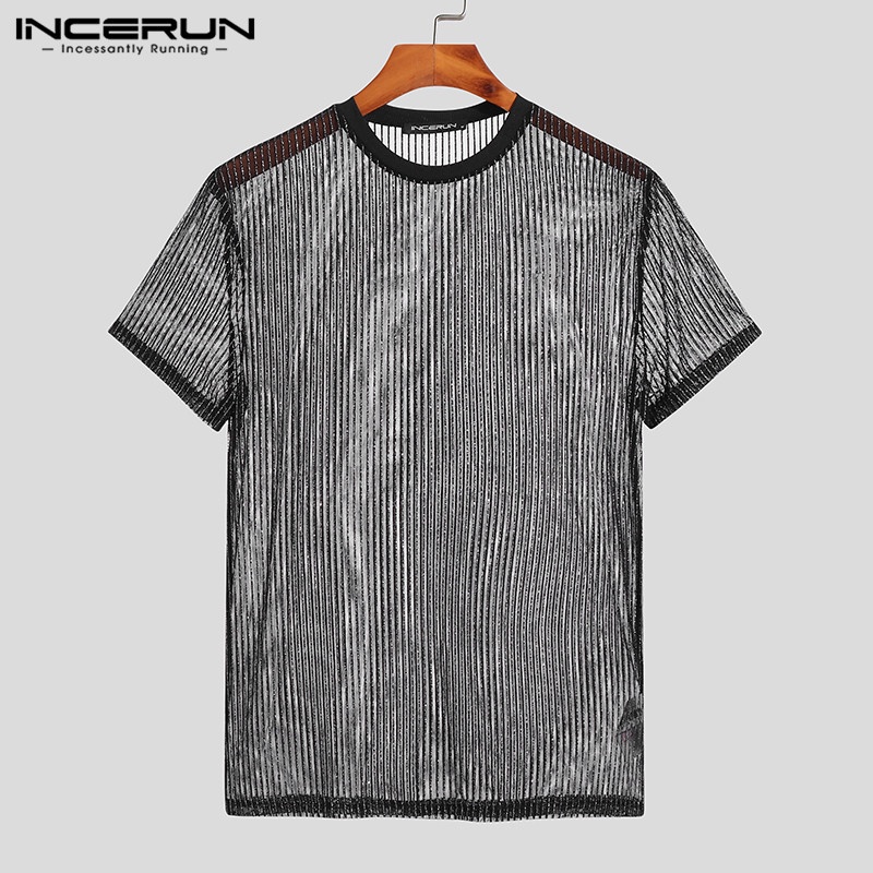 INCERUN Áo Thun Nam Ngắn Tay Họa Tiết Sọc Ngang