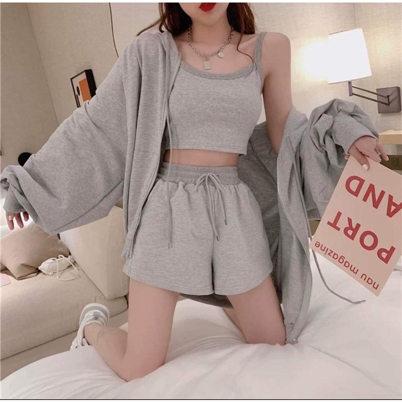 Set 3 Món Short 2s Khoác Nỉ Trơn Nữ  🌸 Bộ đồ quần sooc đùi áo 2 dây kiểu dáng basic hàn quốc đẹp 🌸