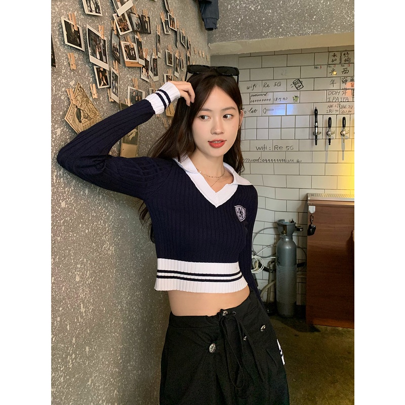 Áo croptop ZHELIHANGFEI dệt kim cổ chữ V tay dài thiết kế quyến rũ thời trang