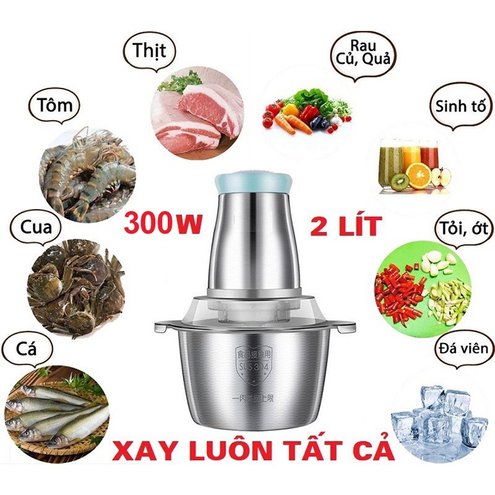 Máy Xay Thịt Cầm Tay Cối INOX 304 4 Lưỡi Dung Tích 2L, Công Suất 250W - Cối Xay Thực Phẩm Đa Năng