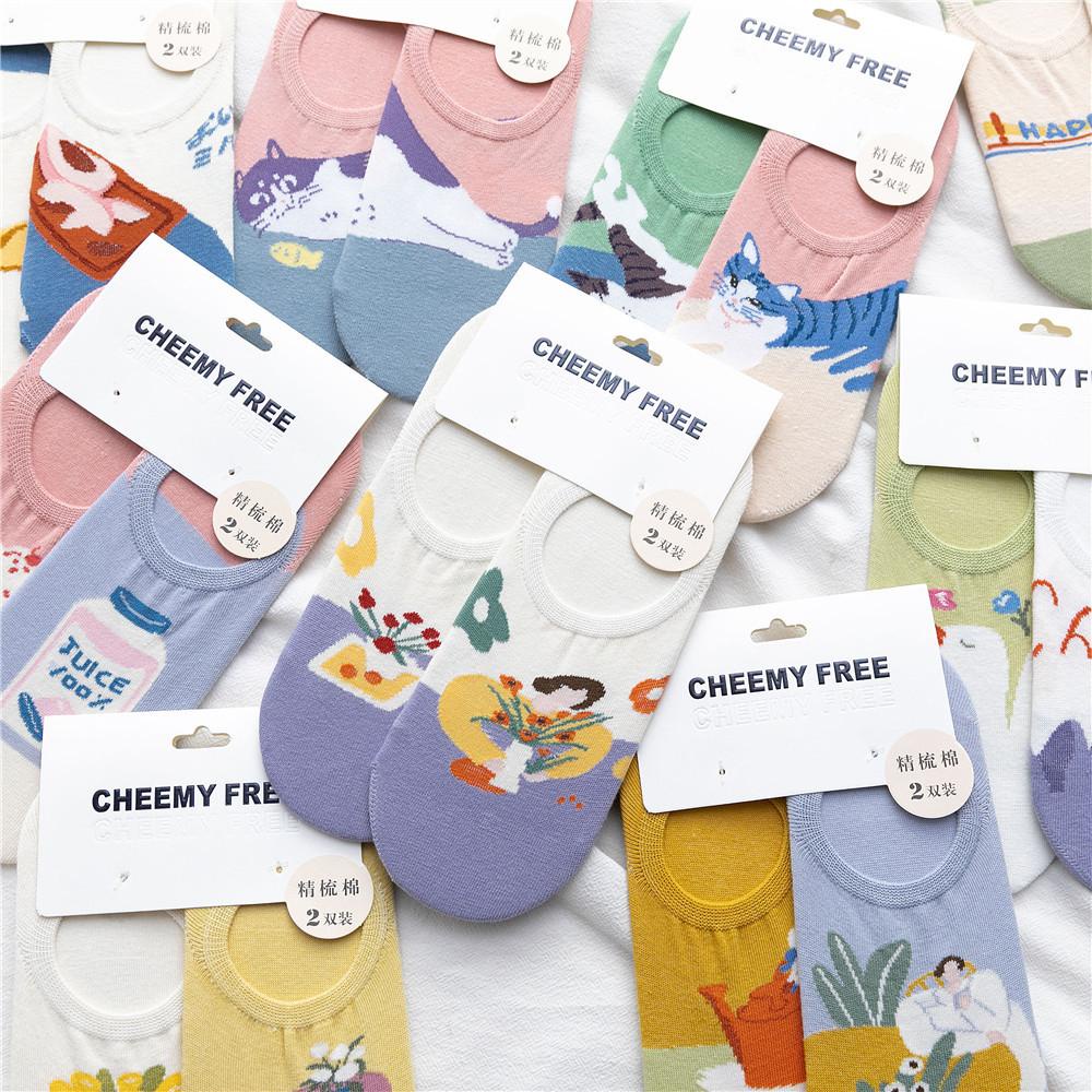 Vớ Thuyền Co Giãn Thoáng Khí Chống Trượt In Hình Mèo Dễ Thương Dành Cho Nữ