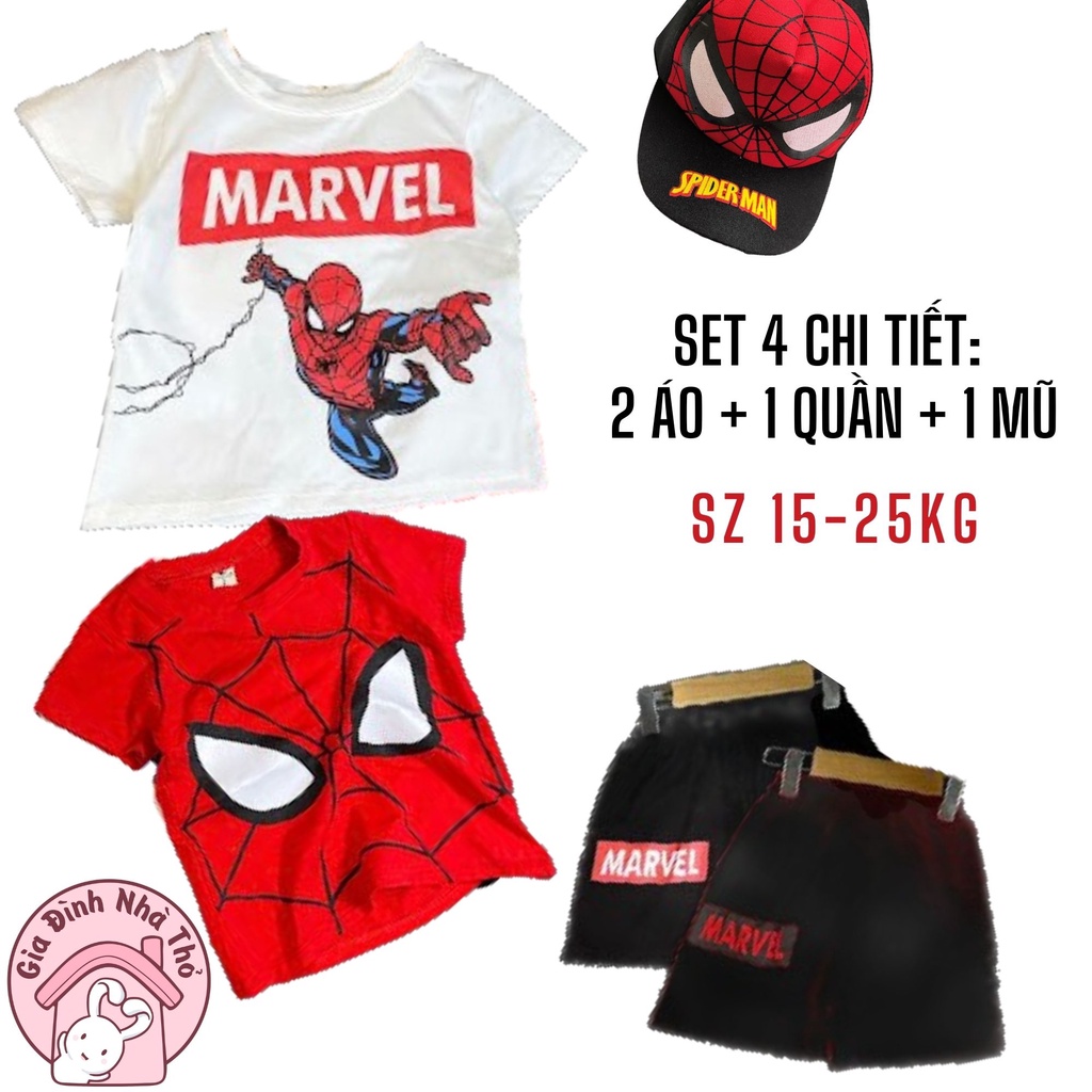 15-25kg Set 4 chi tiết bộ cotton siêu nhân người nhện áo thun quần đùi kèm mũ thể thao cá tính cho bé trai ở nhà đi chơi