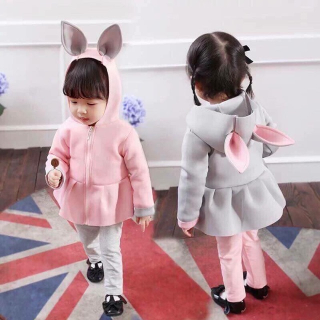 Áo khoác tai thỏ màu xám, hồng