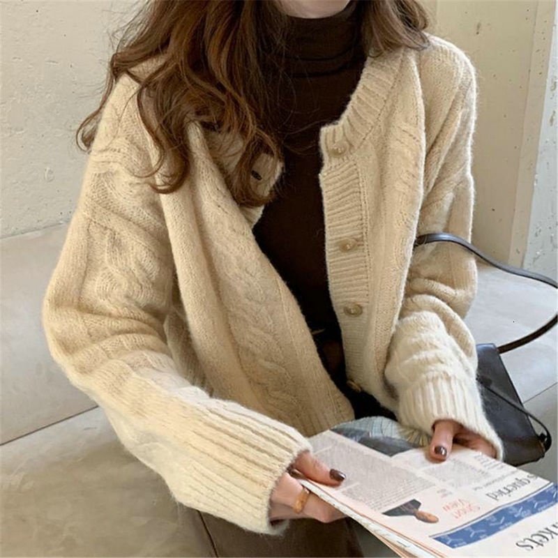 Áo Khoác Cardigan Dệt Kim Dáng Rộng Vải Lông Cừu Dày Mềm Mại Phong Cách Hàn Quốc Thời Trang Cho Nữ