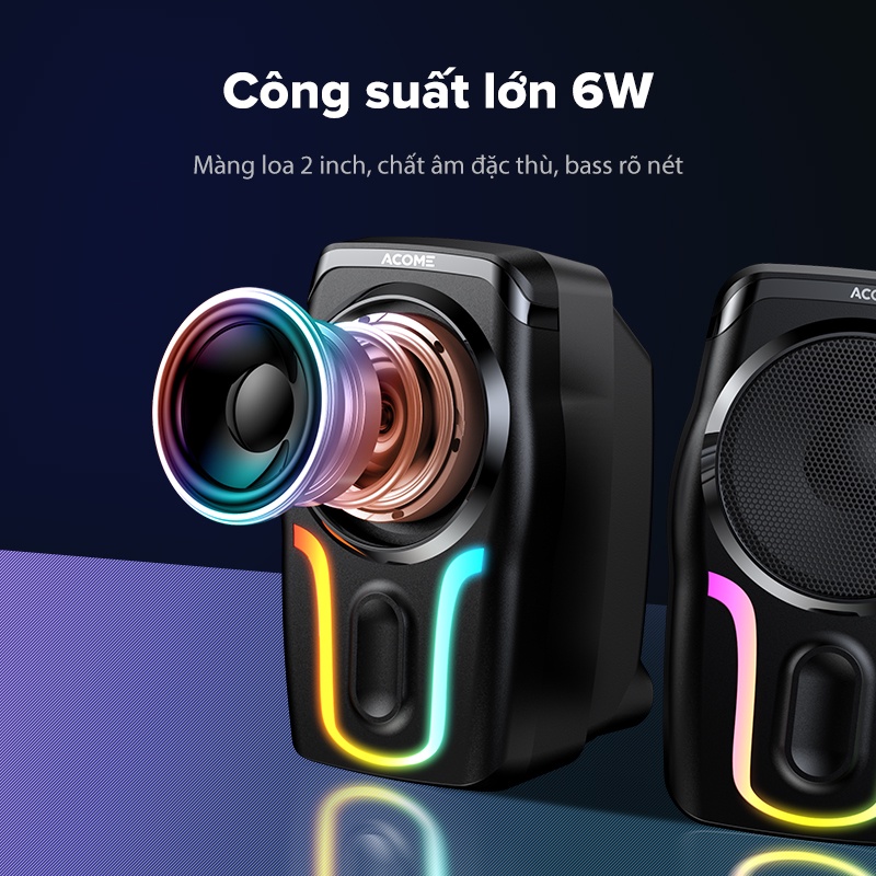 Loa Máy Tính Gaming ACOME A12 Để Bàn Hiệu Ứng Đèn LED RGB Bass Mạnh Dùng Cho PC Laptop Bảo Hành Chính Hãng