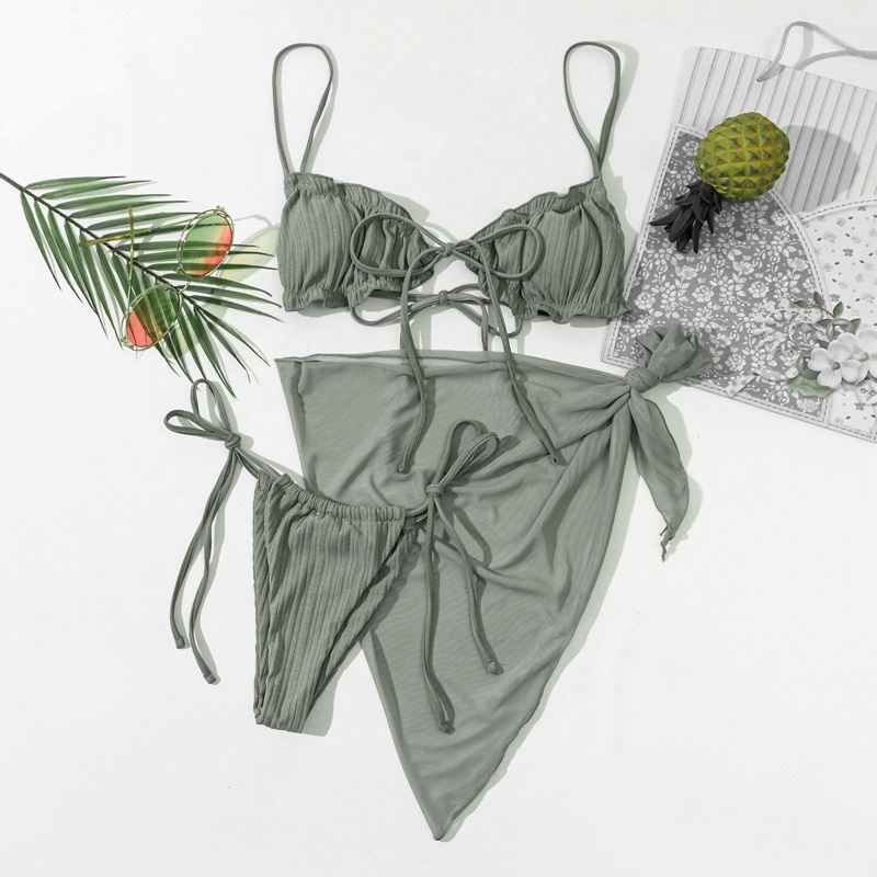 Bộ Đồ Bơi 3 Mảnh Màu Trơn Thắt Nút Thoải Mái Cho Nữ