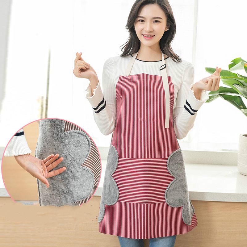 Tạp Dề Hoạ Tiết Sọc Phối Khăn Lông Cừu San Hô Lau Tay Tiện Lợi
