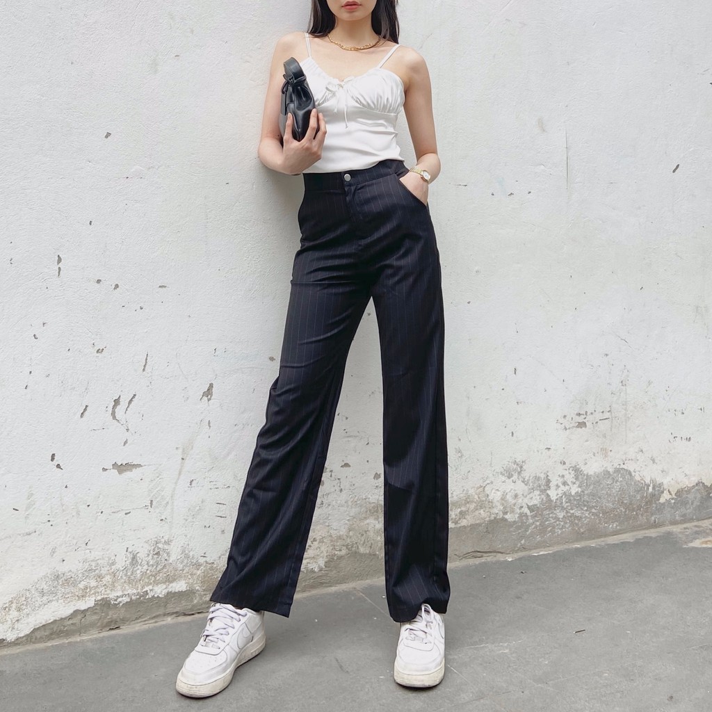 Quần ống đứng đen kẻ sọc tôn dáng Mia Ritta q375