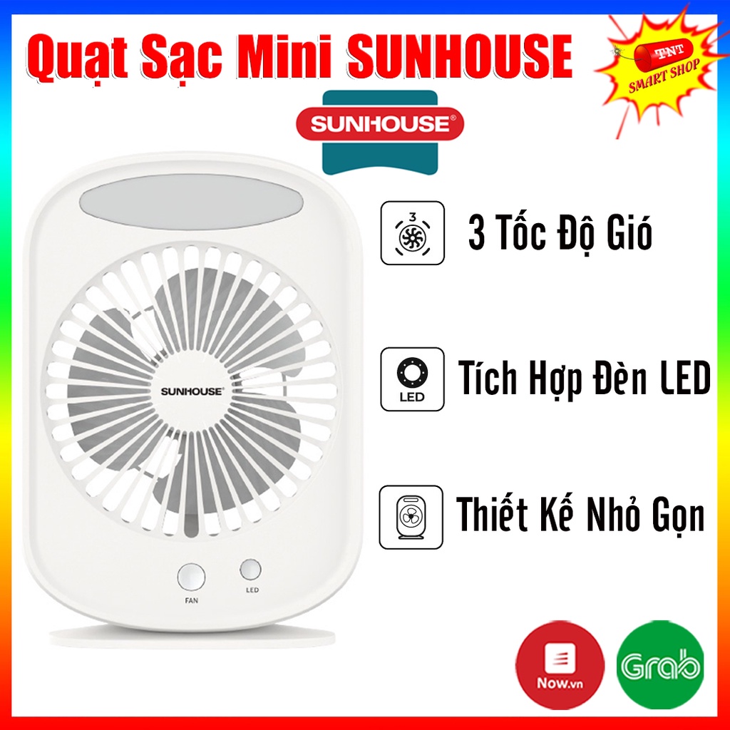 Quạt Tích Điện Mini Sunhouse SH7110, Sạc Điện Nhanh, Pin Khỏe, Chạy Êm, Có Đèn Led – Quạt Sạc Sunhouse - Quạt Để Bàn