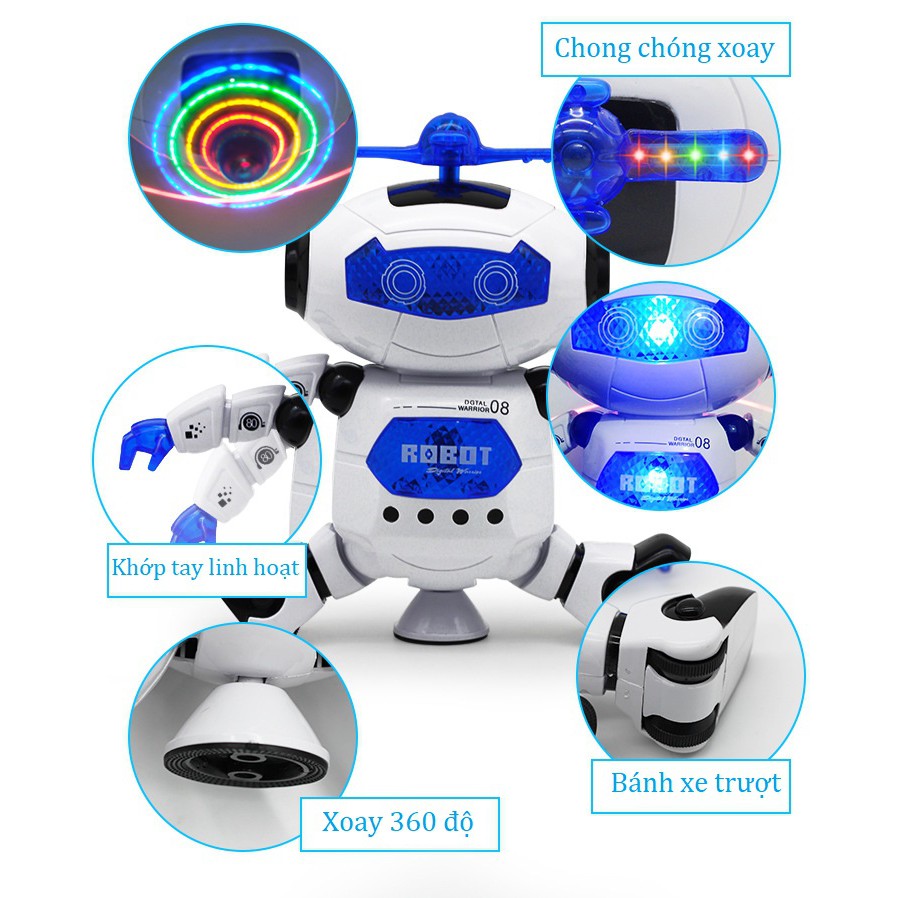 Đồ chơi Robot trắng xanh nhảy múa xoay 360 độ có đèn và nhạc