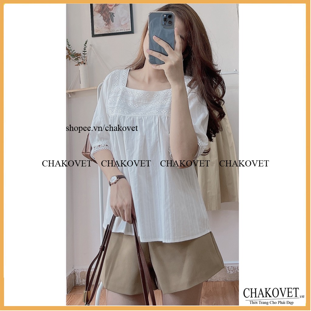 Áo kiểu nữ cộc tay A829 cổ vuông ngực phối ren freesize<55kg mặc đẹp thoáng mát dáng xinh phù hợp đi làm đi học đi chơi | BigBuy360 - bigbuy360.vn