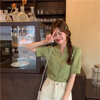 [Order] áo sơmi cổ V nút bọc ulzzang