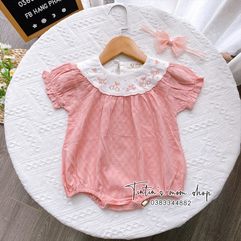 Bộ body hồng cổ thêu hoa cho bé gái 3-18M