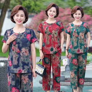 Bộ Đồ Ngủ Vải Lụa Thời Trang Mùa Hè Cho Phụ Nữ Trung Niên Plus