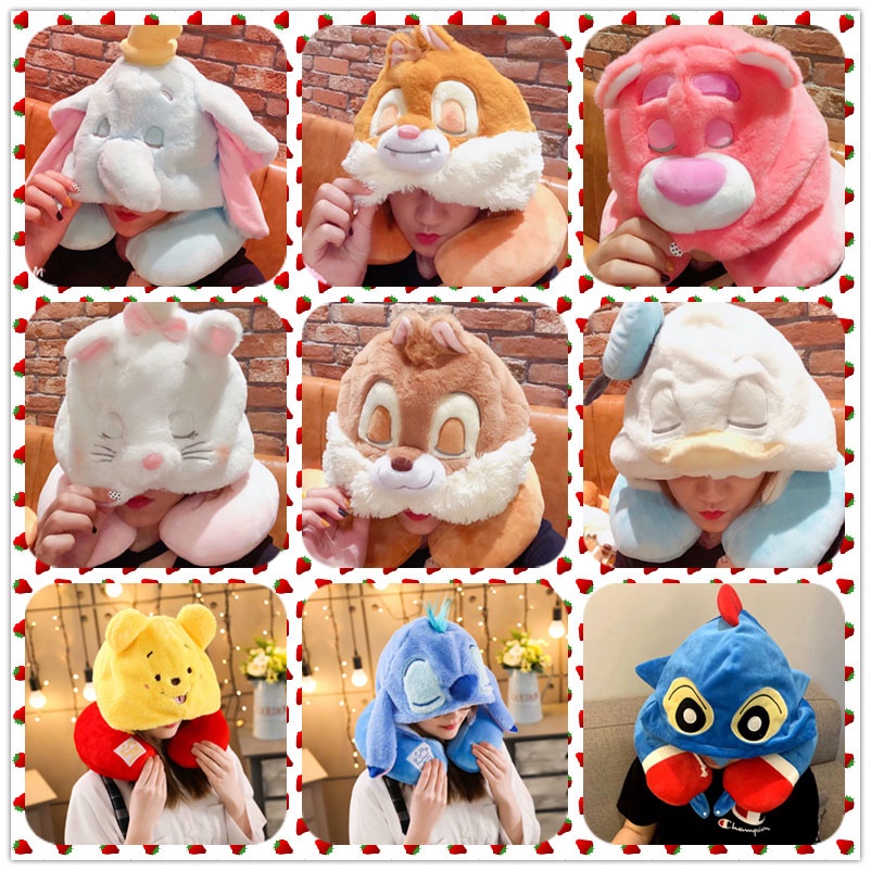 Gối Cổ Chữ U Có Mũ Trùm Đầu Hình Hoạt Hình Đáng Yêu