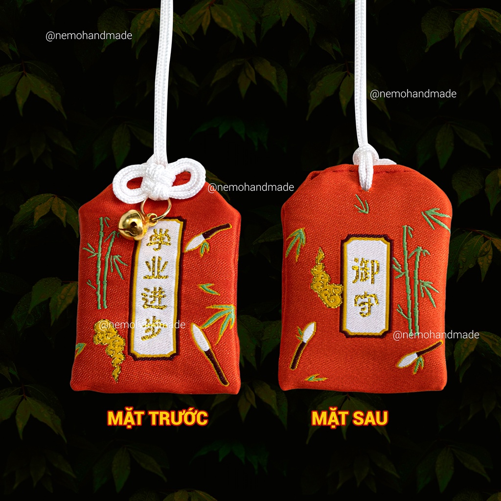 Túi Phước Omamori thêu chữ Học Tập Thi Cử, tặng kèm túi bảo vệ, hoa khô, giấy ước nguyện, đá may mắn - OMHTC