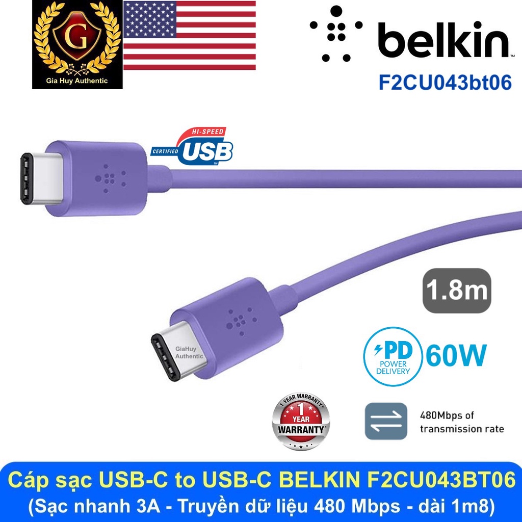 Cáp sạc nhanh BELKIN F2CU041bt06 MIXIT↑™ USB-C™ to USB-C PD 60W chiều dài 1.8m