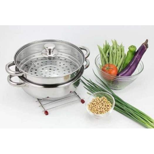 Bộ Nồi + Xửng Hấp INox - Nắp Thủy Tinh kích Thước 28CM - Đa Năng và Tiện Dụng, 2 in 1 vừa nấu lấu vừa làm xửng hấp