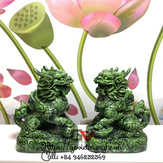 [Tỳ Hưu] Cặp tượng đá trang trí Tỳ hưu phong thủy - 2 sừng - Chiều cao 14cm luôn đế - Xanh lục bích