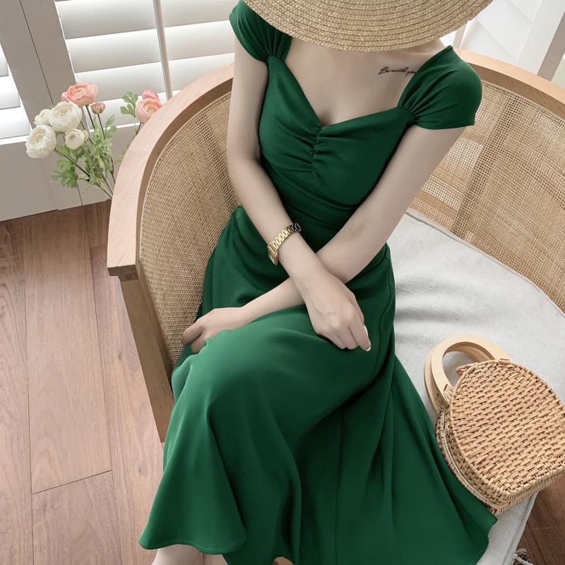 【special】Pháp màu xanh lá cây retro thắt lưng tính khí váy mùa hè đường viền cổ áo xếp ly phần dài