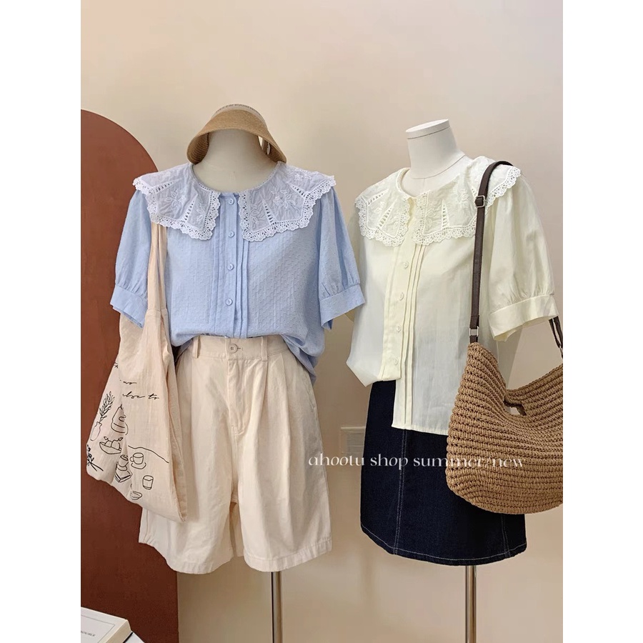 ( Có Ảnh Thật) Sơ Mi Quảng Châu Cổ Bèo Rộng Phong Cách Hàn Quốc Chất Đũi Xước Đẹp Hai Màu Trắng Xanh Giá Siêu Ưu Đãi