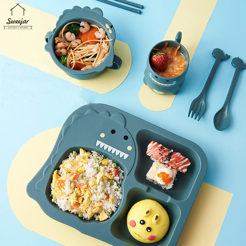 Cốc/Tô/Dĩa + muỗng + nĩa + đũa SWEEJAR chất liệu rơm lúa mì thiết kế hình khủng dễ thương cho bé