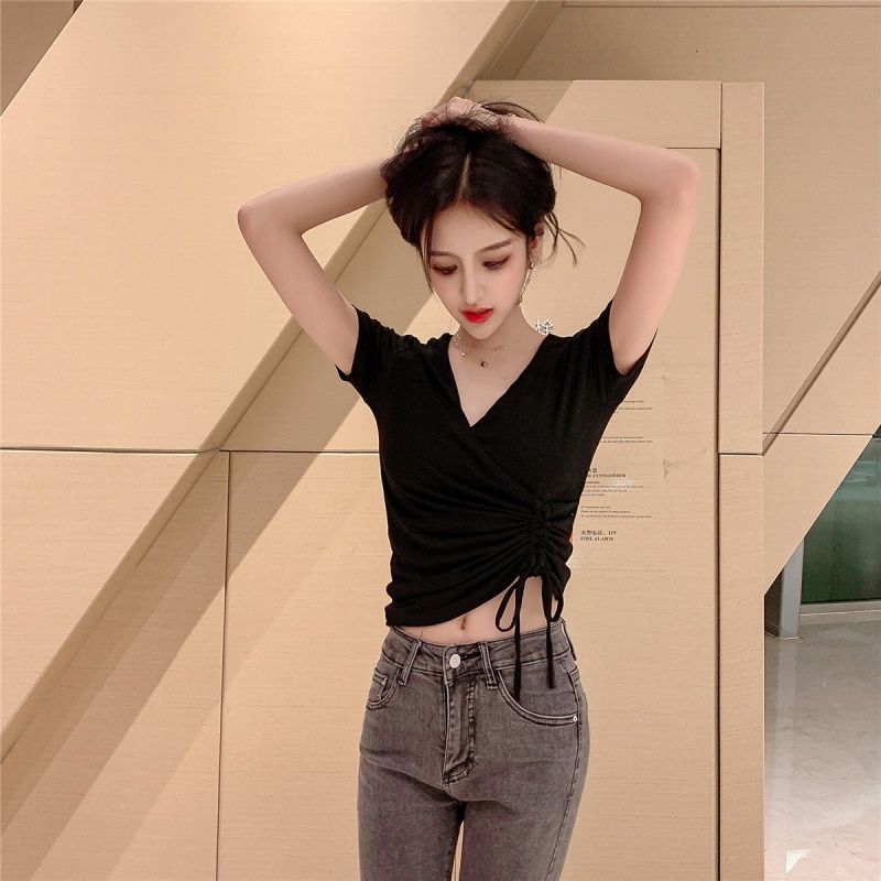 Korean Style White Lace-up Tight Short SleeveTShirt Women's Short Style CropVCollar Drawstring Slim Top