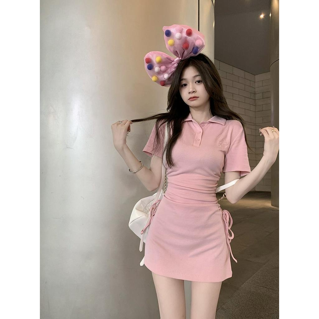 Đầm Thun Ngắn Tay Cổ Bẻ Thiết Kế Rút Dây Eo Thời Trang Nữ Tính