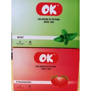 Bao cao su Ok nhiều gel, hương bạc hà, dâu tây, giá rẻ - Hộp lớn 144 chiếc