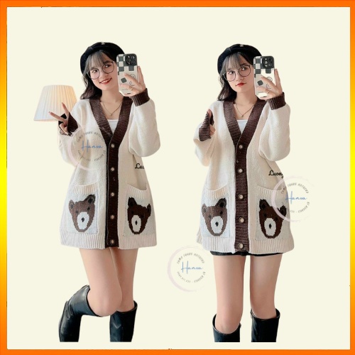 Áo Cardigan Dài Tay Khuy Cài Túi Gấu Dễ Thương Chất Len Mềm Mịn Form Overisze Hanva