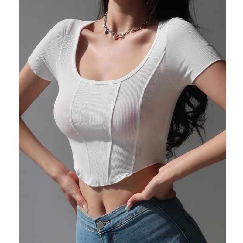 Áo Tay Ngắn Croptop Chít Thân Vạt Bầu 2 Màu Đen - Trắng , Áo Croptop Nữ Form 38-55kg