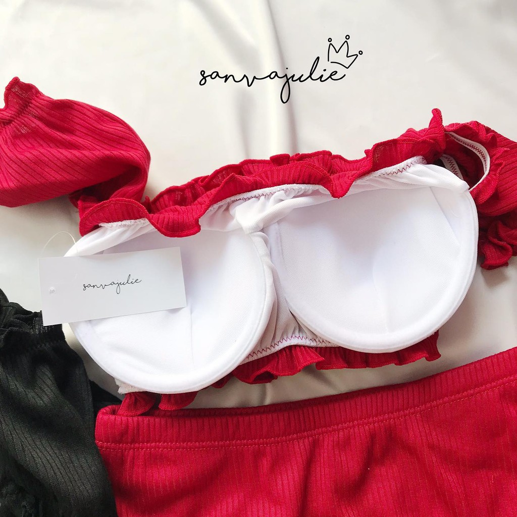 BIKINI Bộ đồ bơi nữ đi biển 2 mảnh áo tay trễ vai có sẵn mút - quần cạp cao BNK1-02