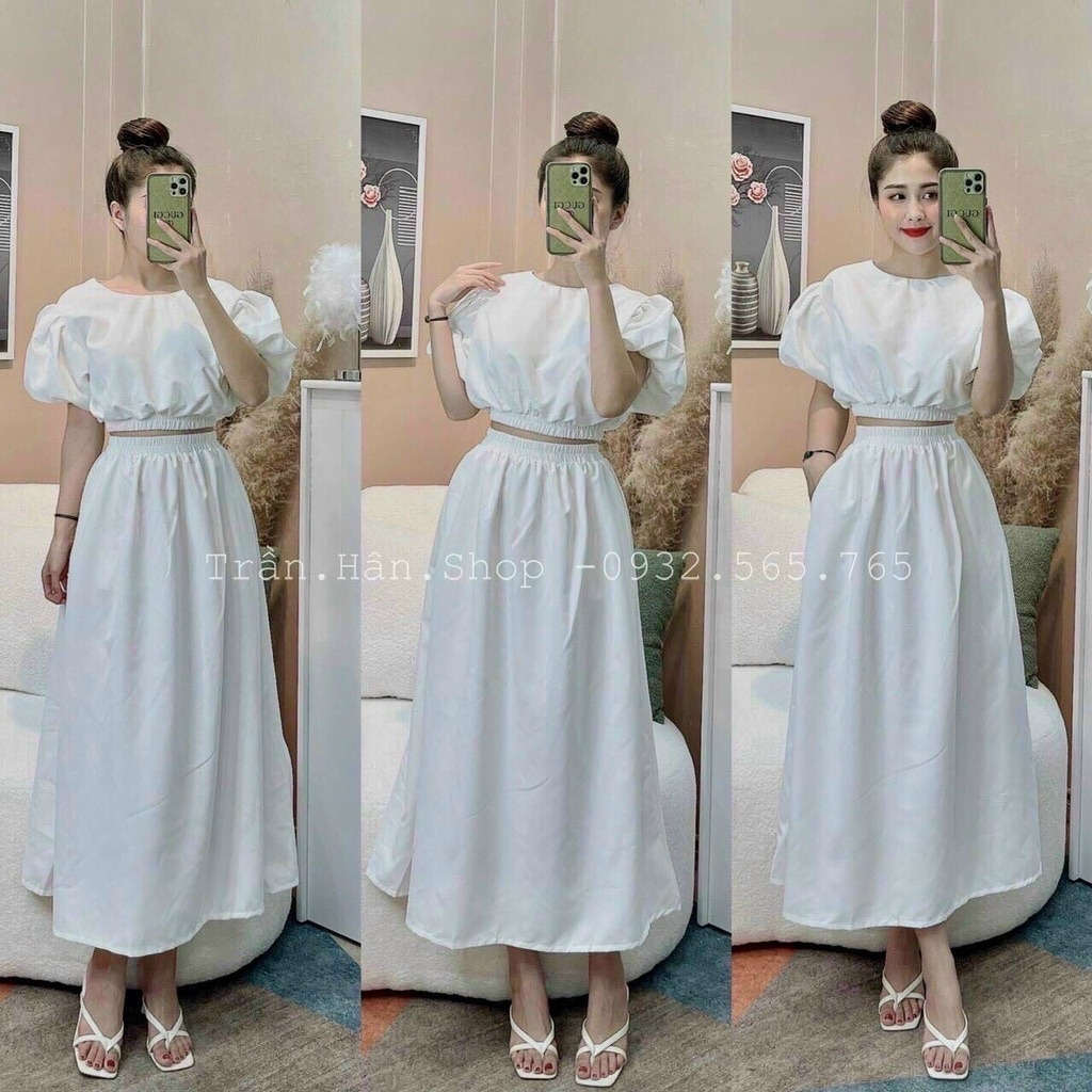 Sét áo và chân váy nữ áo bo thun eo kèm chân váy dài xòe dễ thương
